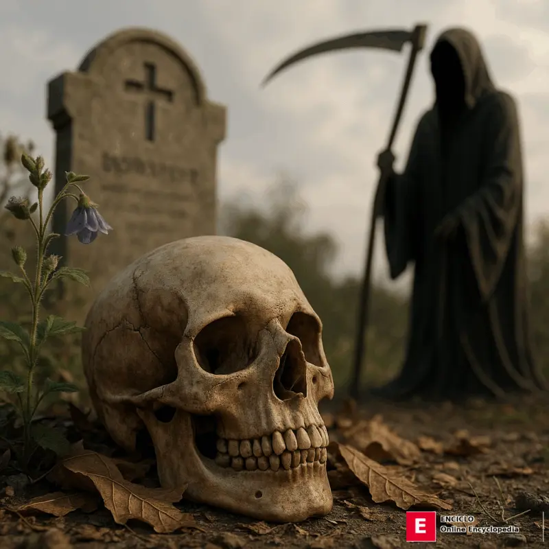 Imagen realista en formato 3D y resolución 4k que muestra el significado de la Muerte: significado biológico, cultural y espiritual.
