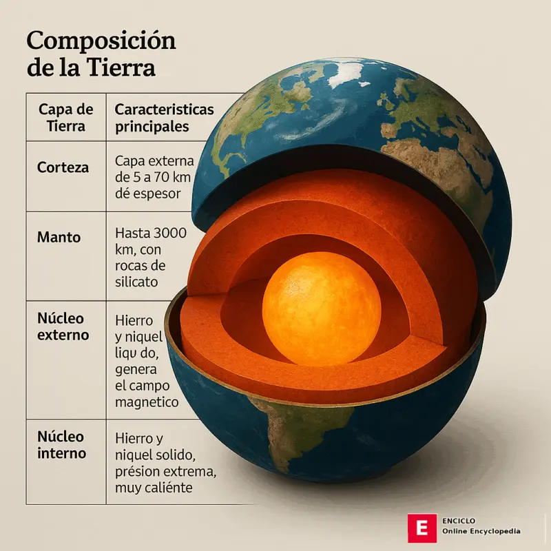 Composición de la Tierra image  3D con detalies 
Capa de la Tierra	Características principales
Corteza	Capa externa, de 5 a 70 km de espesor
Manto	Hasta 3000 km, con rocas de silicato
Núcleo externo	Hierro y níquel líquido, genera el campo magnético
Núcleo interno	Hierro y níquel sólido, presión extrema, muy caliente