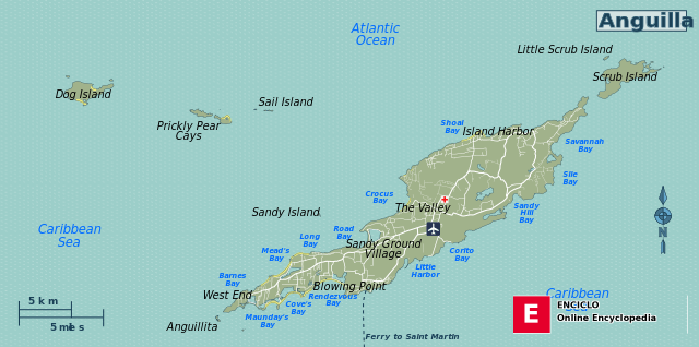 Mapa que muestra las áreas de Anguila