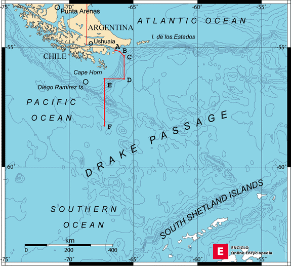 Mapa que muestra la ubicación del Pasaje de Drake, el Cabo de Hornos y las Islas Diego Ramírez
