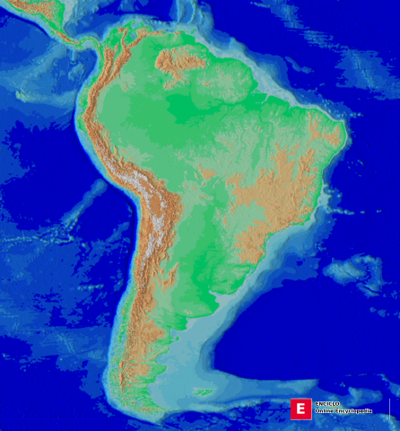 Mapa topográfico de América del Sur, sistema de los Andes a lo largo de la costa occidental