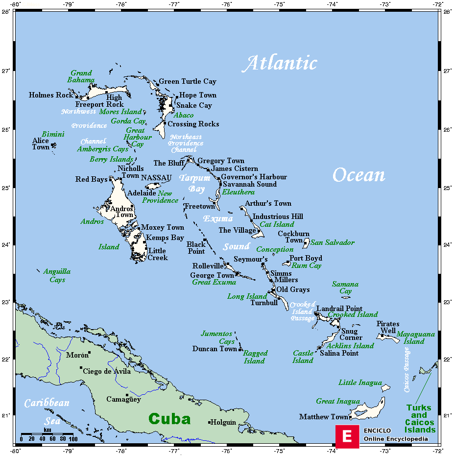 Mapa que muestra las ciudades y pueblos principales de las Bahamas