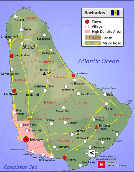 Mapa de la isla de Barbados.