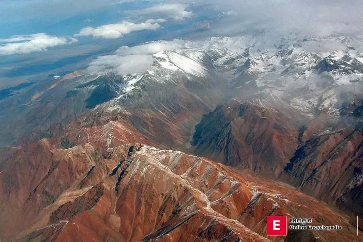 Vista aérea de los Andes secos entre Santiago de Chile y Córdoba, Argentina