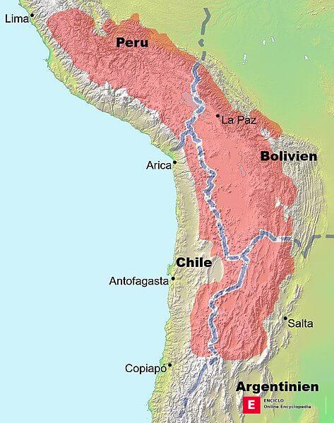 Mapa que muestra la ubicación (en rojo) de la meseta del Altiplano-Puna en América del Sur