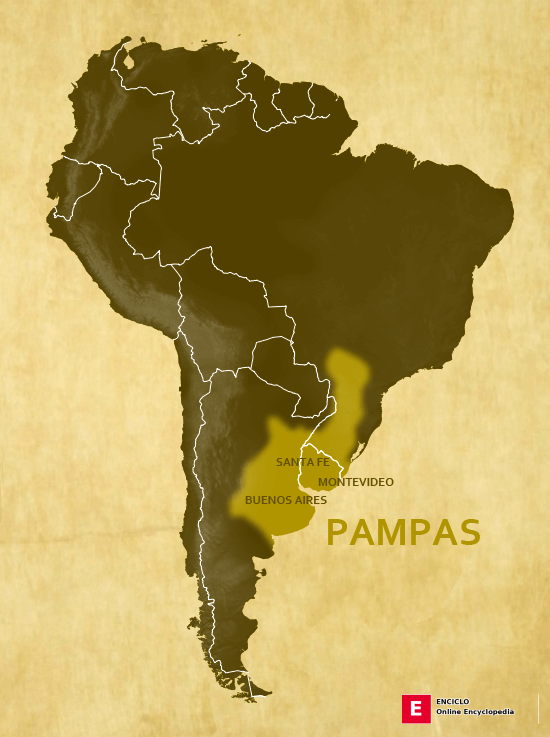 Mapa de América del Sur, indicando la extensión de las Pampas.