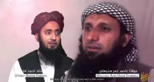Al Qaeda en el Subcontinente Indio (AQIS) 3 Ahmad Farooq, viceemir fundador de AQIS (izquierda), y el emir fundador de AQIS, Asim Umar (derecha), como se muestra en un video de As-Sahab AQIS publicado en octubre de 2021.