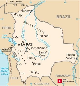 Mapa de Bolivia que muestra las principales ciudades, así como partes de los países vecinos.