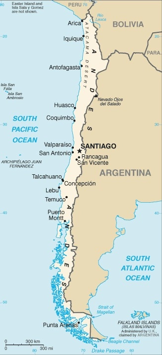 Mapa de Chile que muestra las principales ciudades, así como partes de los países vecinos y el Océano Pacífico Sur.