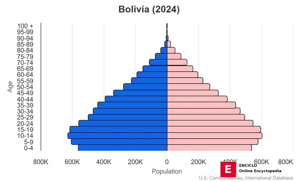 Esta es la pirámide poblacional de Bolivia. Una pirámide poblacional ilustra la estructura por edad y sexo de la población de un país y puede brindar información sobre la estabilidad política y social, así como el desarrollo económico. La población se distribuye a lo largo del eje horizontal, con los hombres a la izquierda y las mujeres a la derecha. Las poblaciones de hombres y mujeres se desglosan en grupos de edad de 5 años, representados por barras horizontales en el eje vertical, con los grupos de menor edad en la parte inferior y los de mayor edad en la superior. La forma de la pirámide poblacional evoluciona gradualmente con el tiempo en función de la fecundidad, la mortalidad y las tendencias migratorias internacionales. <br/><br/>Para obtener más información, consulte la sección sobre pirámide poblacional en la página de Definiciones y Notas.