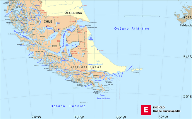 Mapa del extremo sur de América del Sur / Tierra del Fuego